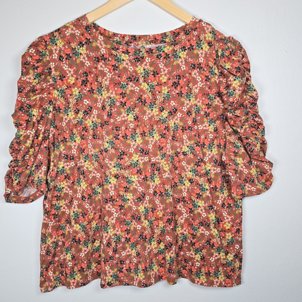 LOFT Women's Floral Ditsy Top Ruched 3/4 Sleeves Rust Brown XL Cottagecore Chic